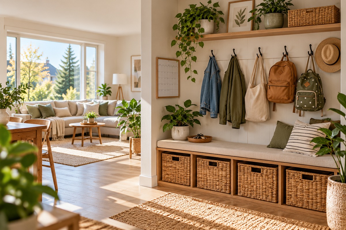 Organized entryway with bags, coats and baskets.