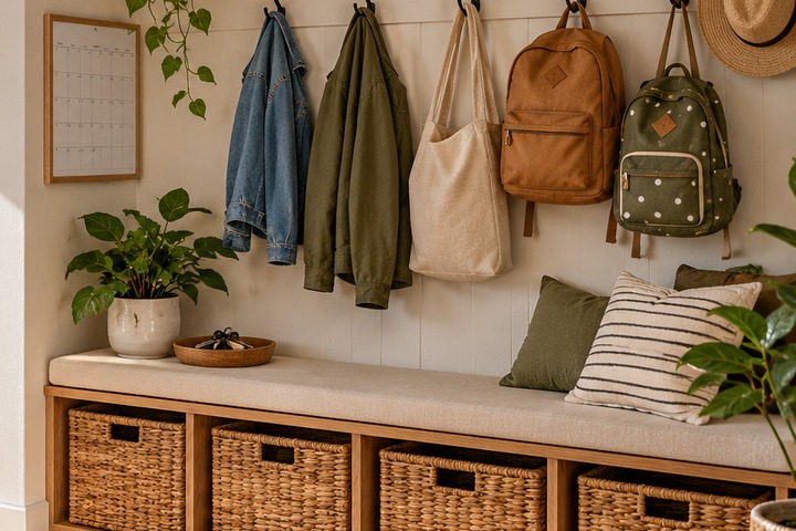 Organized family entryway with bags and storage baskets.
