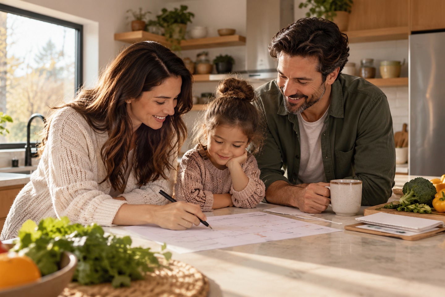 Household members planning meals together in a bright kitchen.