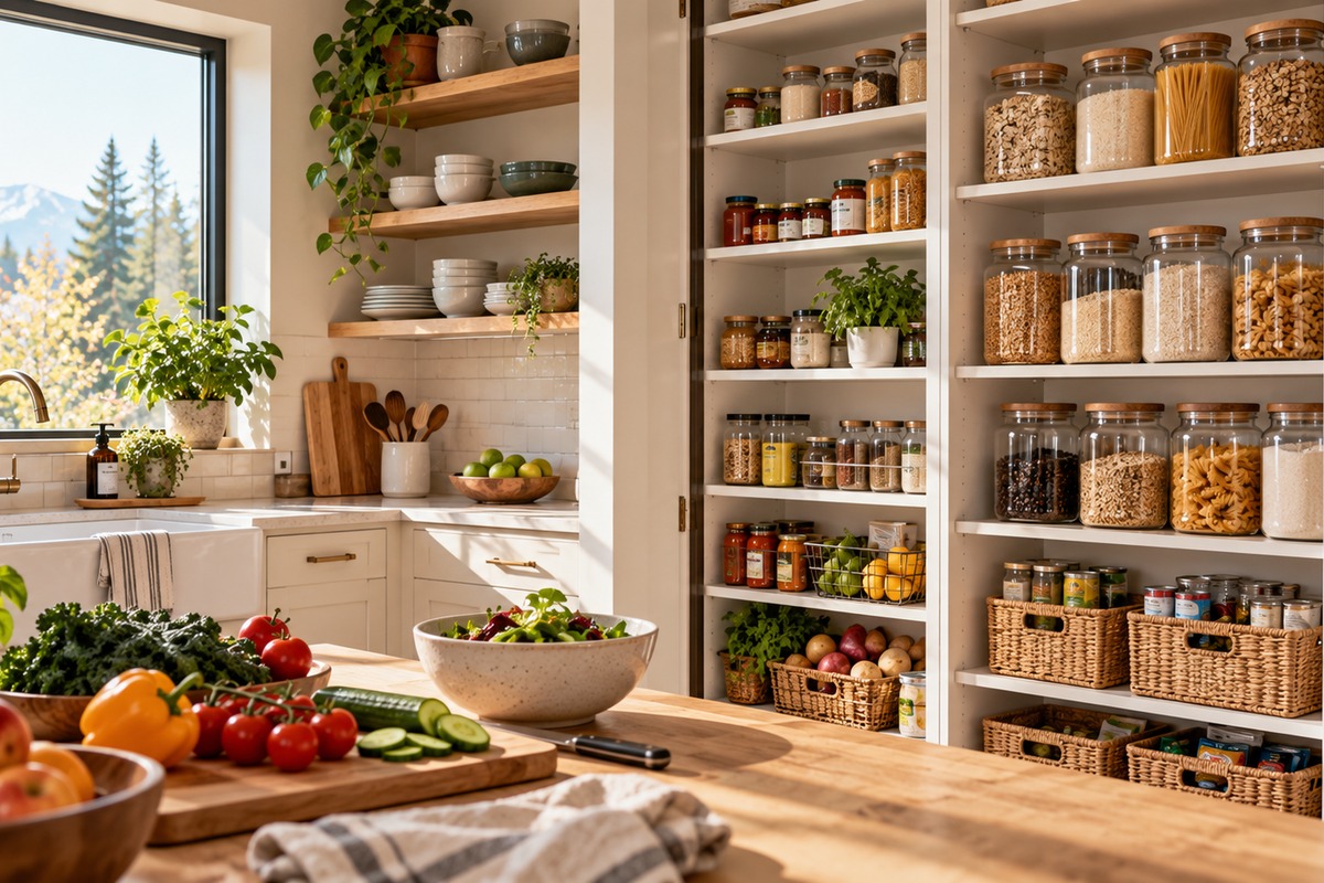 Organized pantry and kitchen with fresh produce.