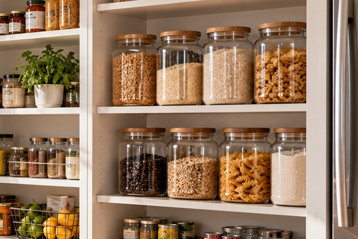 Organized pantry shelves.