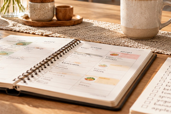 Open planner and grocery list.