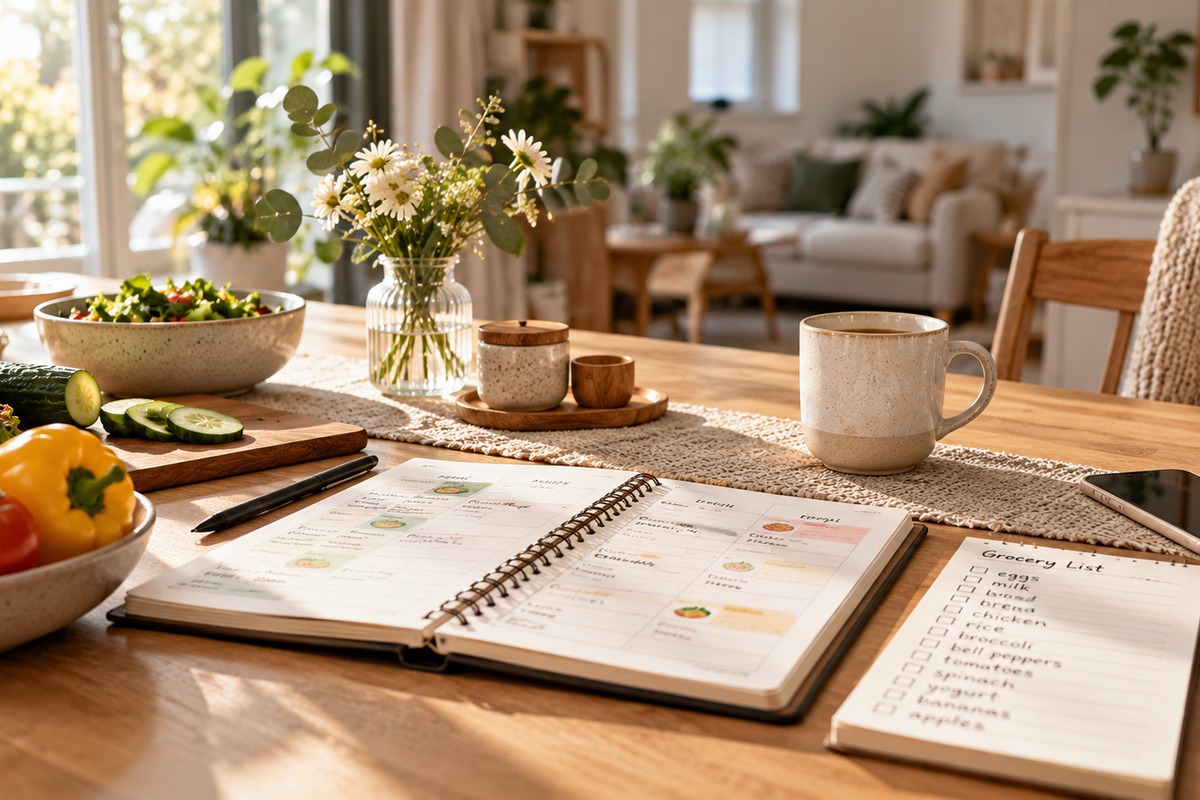 Weekly planner and grocery list on a sunlit table.